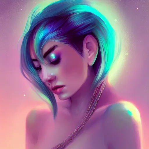 Image similar to portrait of a woman inspired by lois van baarle, charlie bowater, illustration, iridescent, iridescent hair, face, hair styles, light makeup, glitter, self confidence, cinematic 8 k