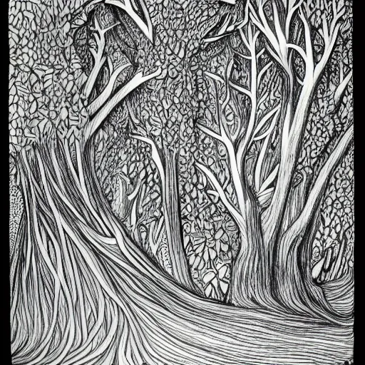 Image similar to an intricate drawing of the australian bush by mc escher, line art, celtic, illustration