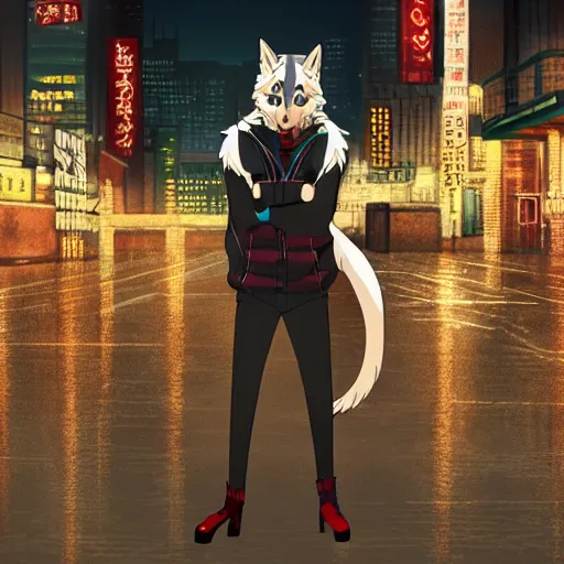 Prompt: key anime visual portrait of a handsome male anthro wolf furry fursona wearing a leather outfit downtown at night, bokeh background, official modern animation