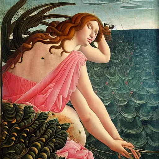 Image similar to an hyperrealistic mythological oil painting of venus with long curly brown hair, full body, wearing pink floral chiton, sleeping on a giant scallop shell, near the seashore, intricate lines, elegant, renaissance style, by sandro botticelli