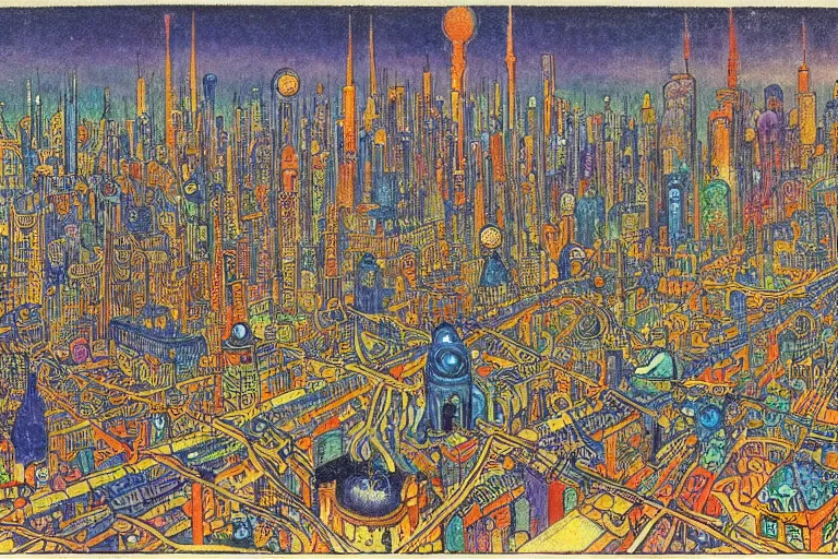 Prompt: victorian scifi cityscape by Louis Wain (1920)