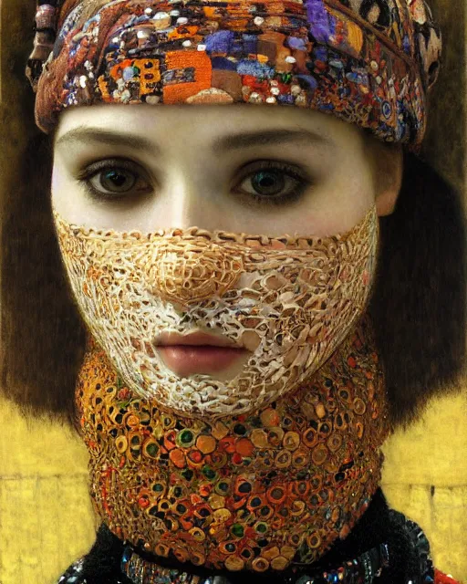 Image similar to a close up of beautiful wearing a balaclava surrounded by colourful intricate patterns, by gustave klimt edgar maxence and caravaggio and michael whelan, intricate painting, hyper realistic, extremely detailed and beautiful aesthetic face, 8 k resolution