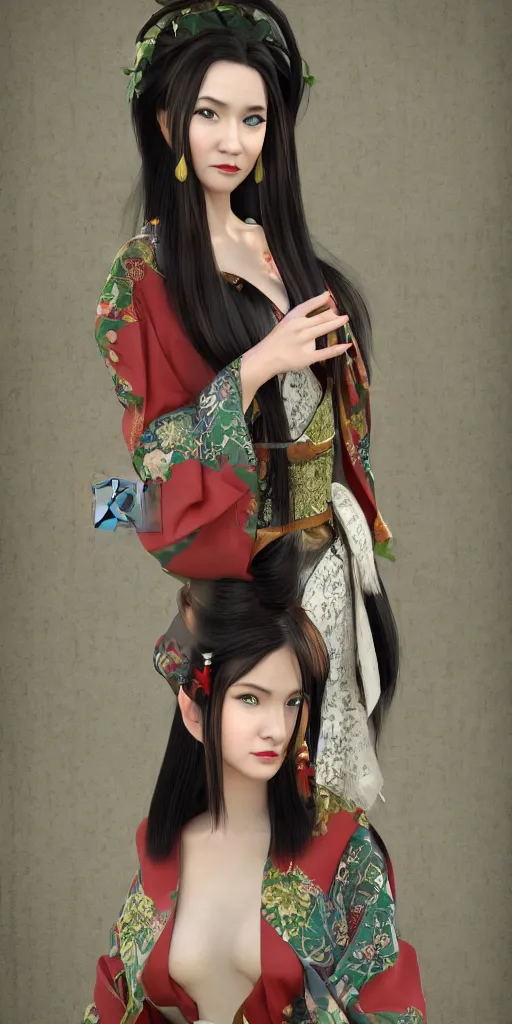 Image similar to beautiful elf woman in dress mix of kimono and european colonial dress mediaval, ardeco, realistic octan render, stylized, black hair