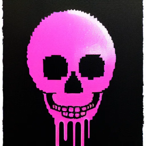 Image similar to a cartoon skull spray painted on a black background with dripping pink spray paint, pixel art, three fourths view, black background!!!!!