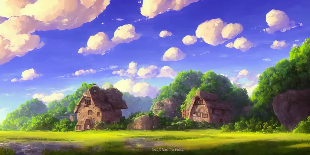 Prompt: a serene landscape with a singular building near a river with rocks at sunshine, ghibli studio, anime style, pixar style, concept art, highly detailed, high quality, soft lighting, beautiful landscape, cartoon, high coherence, cloud in the sky, digital painting, masterpiece, digital art, breathtaking landscape, soft colors, beautiful