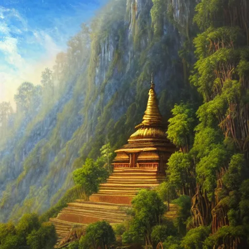 Image similar to a beautiful and highly detailed oil painting of an nepali temple in the kathmandu valley, detailed trees and cliffs, forgotten valley, swirling mist, lush forests, intricate details, epic scale, insanely complex, 8 k, sharp focus, hyper realism, fantasy landscape, psychedelic, by caspar friedrich,