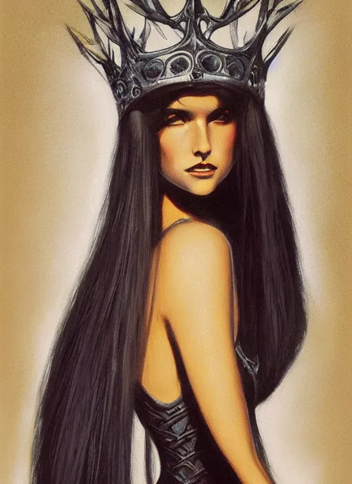 Image similar to portrait sylph princess, black iron crown, diamond shimmering dress, strong line, deep color, forest, beautiful! coherent! by boris vallejo, by brom