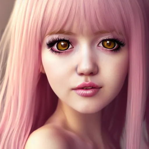 Image similar to beautiful hyperrealism hyperdetailed portrait of nikki from shining nikki dress - up game, a cute young woman, light pink hair, long hair with full bangs, full heart - shaped face, hazel amber eye color, pale skin, light blush, chinese heritage,, smiling softly, golden hour, soft focus, 8 k,