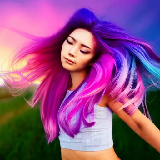 Image similar to a award winning half body shot of a beautiful woman in a croptop with a ombre purple pink teal hairstyle with head in motion and hair flying, outrun, vaporware, vivid colors, highly detailed, fine detail, intricate