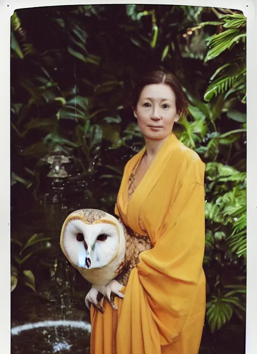 Image similar to head to shoulder portrait Polaroid film photograph of an elegant lovely woman wearing a yellow kimono with a very detailed barn owl on her shoulder!!! in a tropical greenhouse. looking at the camera!!. slight smile. super resolution. Extremely detailed. sitting inside a fountain. Pre - raphaelit .Polaroid 600 film.