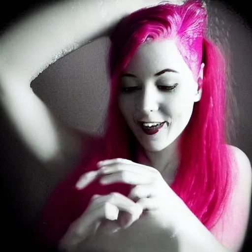 Prompt: “a woman called Berry with pink hair, taking a bubble bath”