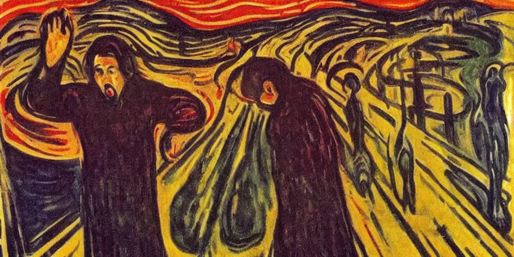 Prompt: killing biblical Matthew with loud yells in an apocaliptic environment, expressionist, art by Edvard Munch