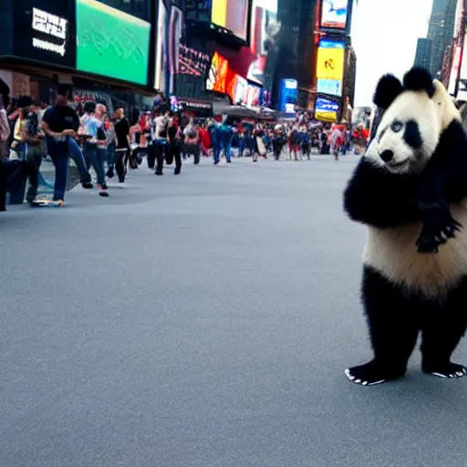 Image similar to panda skateboarding at time square