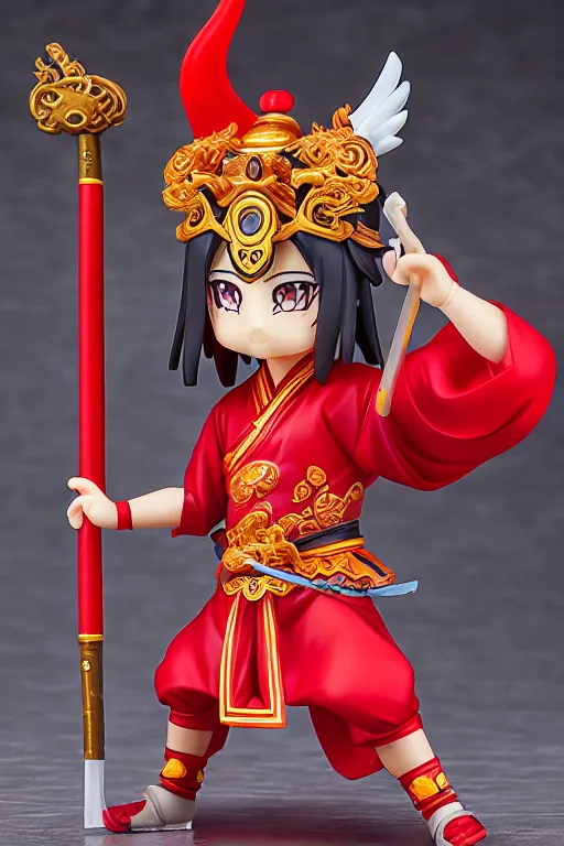 Image similar to arty chinese mythology ne zha nendoroid full body hyperdetalied, hero pose, osamu tezuka, macoto takahashi, chibi, q posket, 8 k realistic, 3 d, cryengine, exquisite, red cloth around his shoulders, hold spear, ne zha ( 2 0 1 9 ), fenghua zhong,