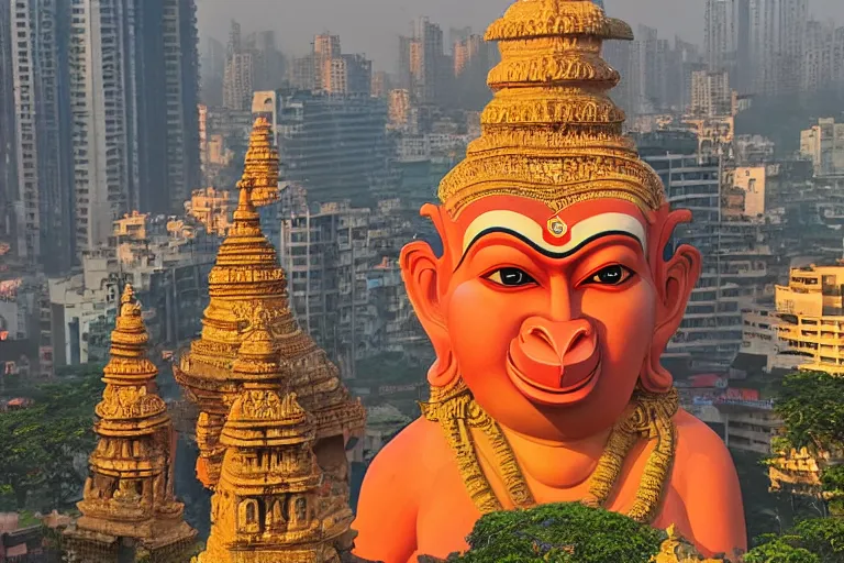 Image similar to high quality 3 d dreamscape biomorphic hanuman head building in the middle of mumbai!!, kalighat highly detailed, cinematic smooth, stephen shore & john j. park, soft morning light, wide shot, high angle, uhd 8 k, deep focus