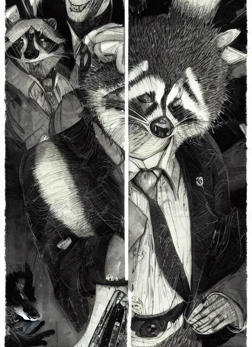 Image similar to a dramatic illustration portrait of an anthropomorphic raccoon mob boss, by posuka demizu, by stephen gammell, by victo ngai, by george ault, in the style of mafia, artstation