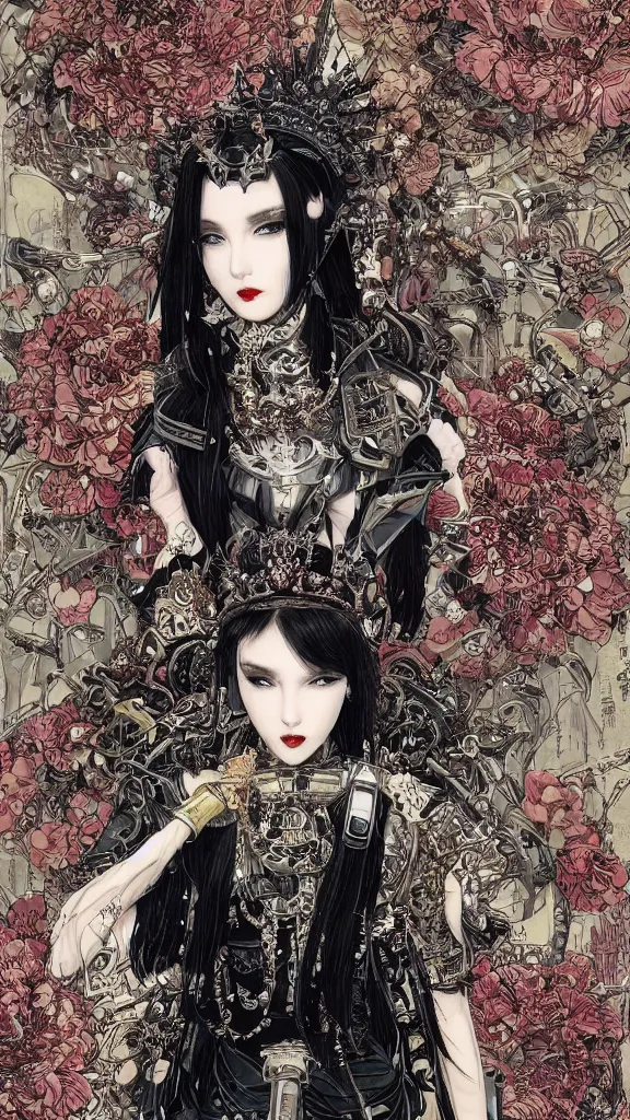 Image similar to cyberpunk fashion a beautiful black haired woman with pale skin and a crown on her head sitted on an intricate metal throne skin wrapped in flowers and wired, vintage style, by yoichi hatakenaka, masamune shirow, josan gonzales and dan mumford, ayami kojima, takato yamamoto, barclay shaw, karol bak, yukito kishiro