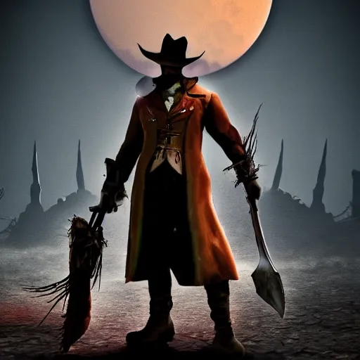 Image similar to a detailed 3 d render of darkwing duck dressed as the hunter from bloodborne, let's get dangerous, in the style animation of darkwing duck, digital art, dark fantasy, concept art, soulslike, by alphonse mucha, blood moon eclipse, wherewolves in a ruined building in the background, artstation, 8 k, unreal engine render