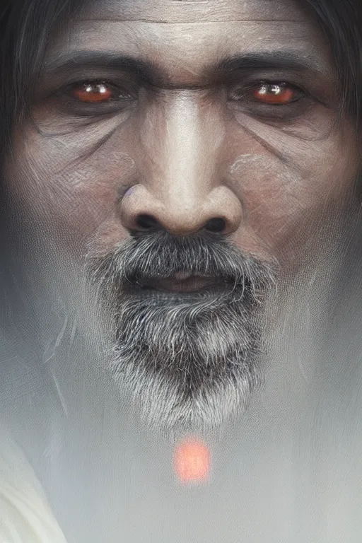 Image similar to hindu monk, close - up portrait, devoted, intricate, elegant, volumetric lighting, scenery, digital painting, highly detailed, artstation, sharp focus, illustration, concept art, ruan jia, steve mccurry