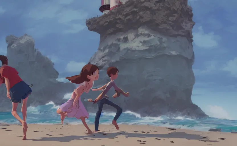 Image similar to a film still kids fighting next to the light house, beach, farol da barra, medium shot, waist up, studio Ghibli, Pixar and Disney animation, sharp, Rendered in Unreal Engine 5, anime key art by Greg Rutkowski, Bloom, dramatic lighting