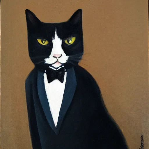 Prompt: oil painting of a cat wearing a tuxedo