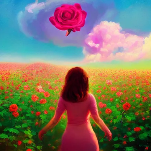 Image similar to large rose face, girl floating in a flower field, surreal photography, sunrise dramatic light, impressionist painting, colorful clouds, digital painting, artstation, simon stalenhag