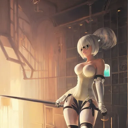 Image similar to highly detailed painting of 2 b from nier automata wearing a latex suit in a bar, stephen bliss, 8 k, by greg rutkowski, loish, rhads, artgerm, ferdinand knab, makoto shinkai and lois van baarle, ilya kuvshinov, rossdraws, global illumination, radiant light, detailed and intricate environment