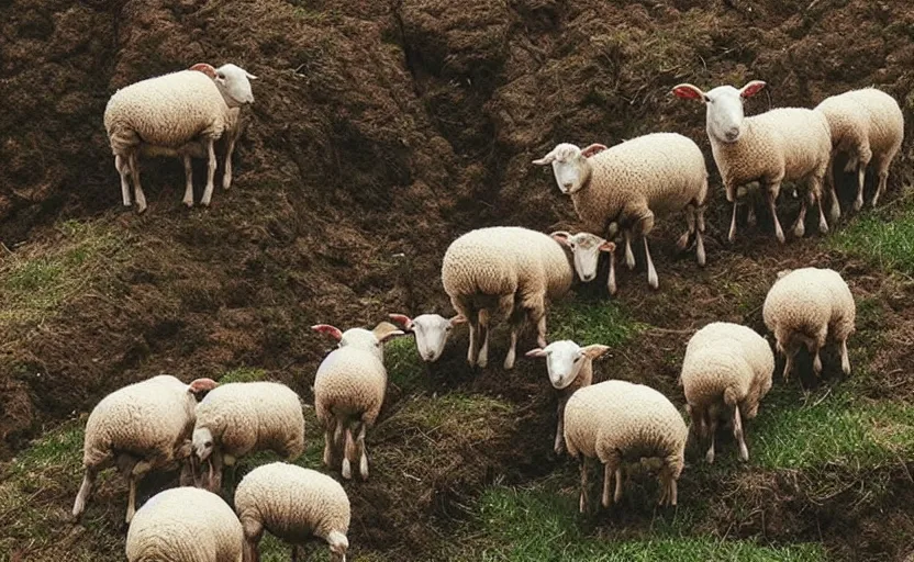 Image similar to “sheep, following other sheep, jumping off a cliff”