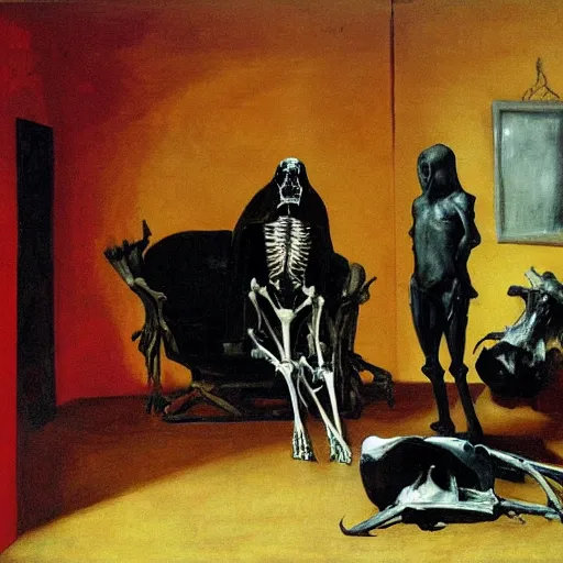 Prompt: two dark figures conversing in a messy living room with a Cow skeleton by Francisco Goya and Francis Bacon, vibrant red background, mythological painting, oil painting, triadic color scheme, very coherent, Figure seated on a throne of marble, whale skeleton inside interior room, Beksinski painting