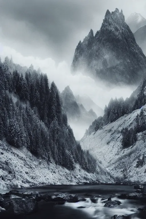 Image similar to realistic nature, pastel monochrome dark color palate, snowy craggy sharp mountains, stormy weather, stream, wolf, 8 k