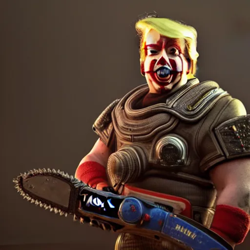 Image similar to portrait of donald trump as a clown, laughing and holding a chainsaw in gears of war, splash art, movie still, cinematic lighting, ray tracing, octane render, long lens, shallow depth of field, bokeh, anamorphic lens flare, 8 k, hyper detailed, 3 5 mm film grain