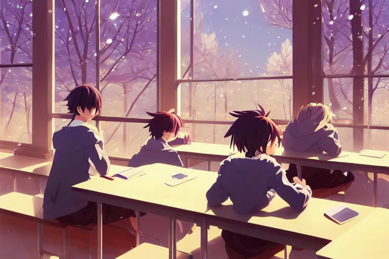 boy's love anime modern high school classroom in, Stable Diffusion