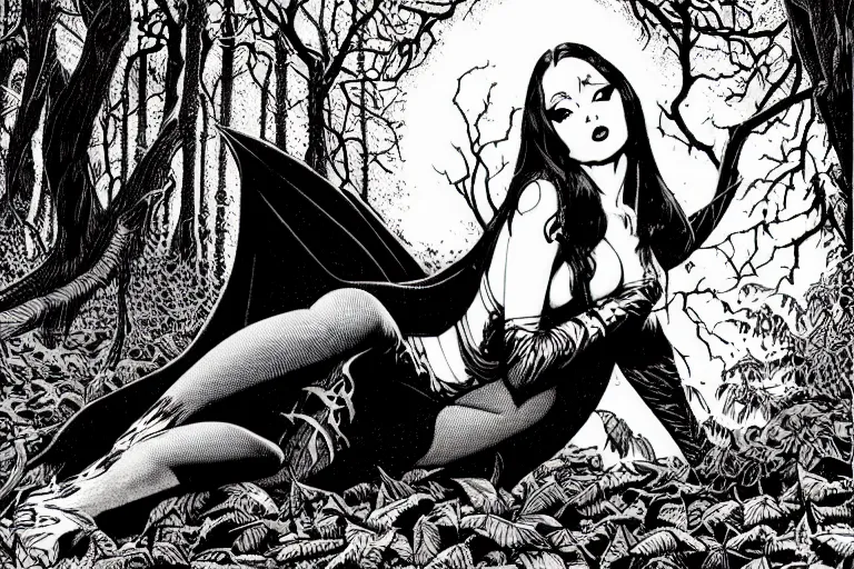 Image similar to a stunning vampiress sitting in an autumn forest, fantasy graphic novel style, by wendy pini and virgil finlay, intricate, vivid gradient colors, very fine inking lines, extremely detailed, 4k, hd