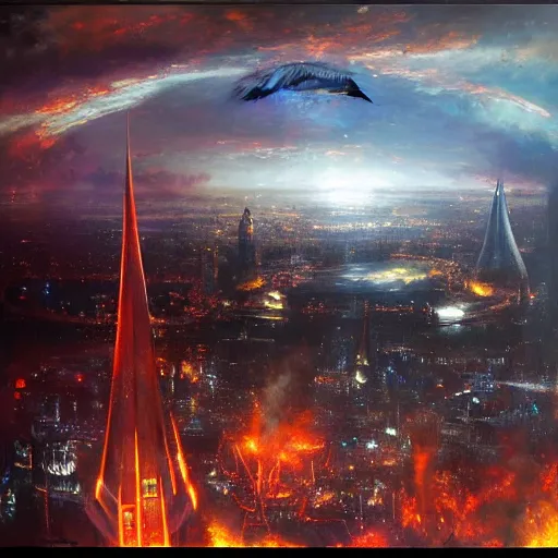 Prompt: eye of sauron looks over london by raymond swanland, highly detailed, bright tones