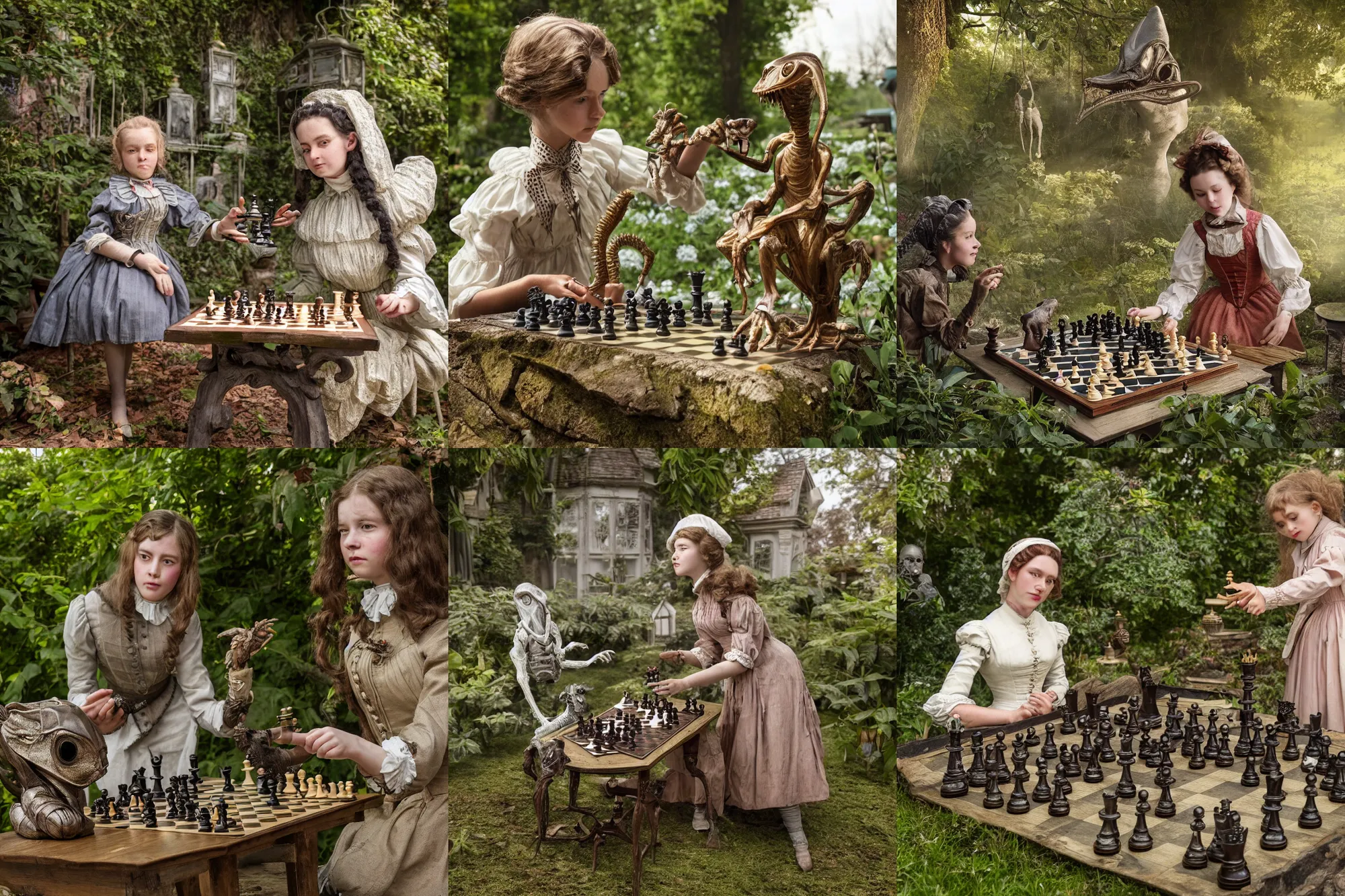 Prompt: detailed, sharp, a girl playing chess with her pet alien creature, wearing 1860s era clothes, in the garden of a house on an alien planet, extremely highly detailed, hyperrealistic, highly detailed faces, 70 mm still from a period sci fi movie, 4k, HD