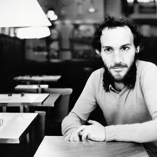 Prompt: photo in the year 1 9 8 0 of a frenchman from france seated in a restaurant. 5 0 mm, studio lighting