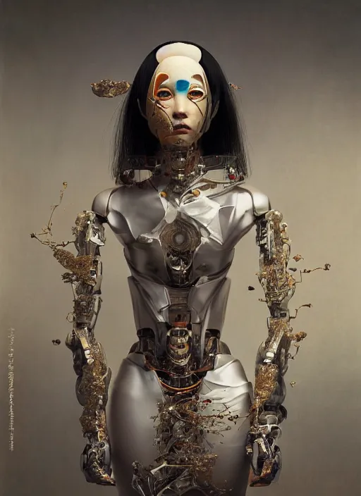 Image similar to portrait of a futuristic geisha cyborg, kintsugi, modern fine art, fractal, intricate, elegant, highly detailed, digital photography, subsurface scattering, by jheronimus bosch and greg rutkowski,