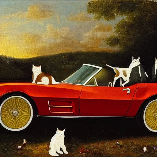 Image similar to corvette with cats sitting in and on the car, old dutch painting, golden hour, shadows, wide shot