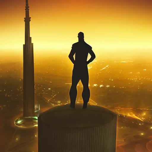 Image similar to arab man overlooking Riyadh city at night silhouette dramatic, dark, superhero, concept design, environment concept, artstation, digital art