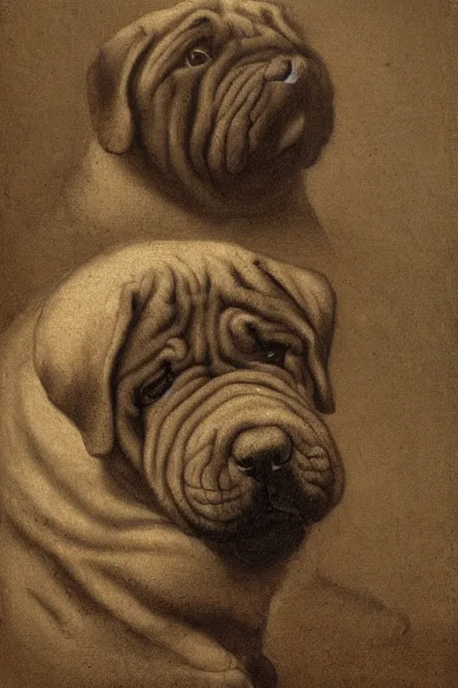 Prompt: shar pei dog by rembrandt.