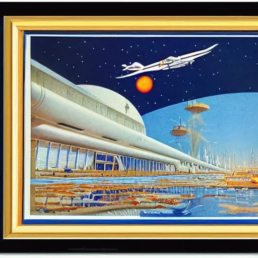 Prompt: a beautiful and detailed illustration of a spaceport in a bay by Robert McCall =, cinematic atmosphere, establishing shot@-W 1216