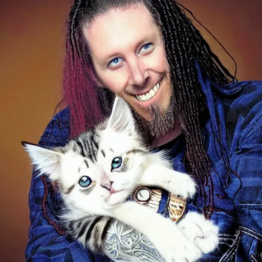 Prompt: Brian Welch holding a kitty, photo