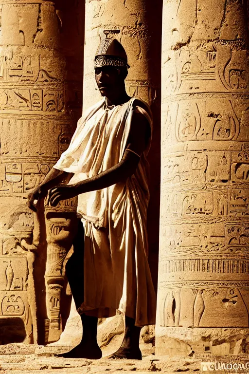 Prompt: a dramatic hero portrait of an ancient nubian temple guard in old egypt. photography photo art. cover of national geographic magazine