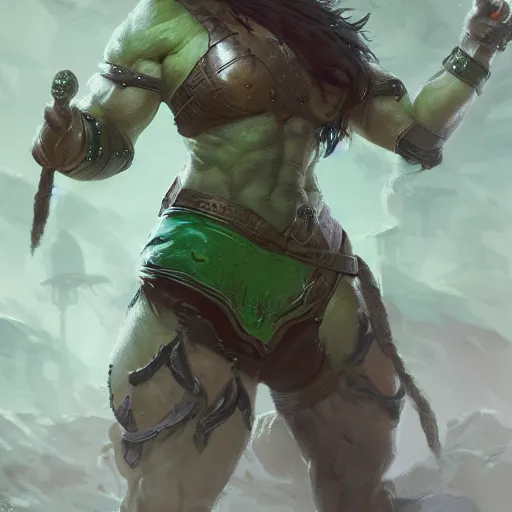 Image similar to a full character portrait of a toned physique green orc woman with a ponytail in full plate armor, by greg rutkowski, wlop, astri lohne, trending on artstation