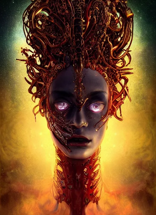 Prompt: epic portrait of menacing, anxious, agitated yet stunningly beautiful biomechanical djinn the terrifying demigod of creation with crimson tears of sadness overseeing the iridescent fabric of the universe, by charlie bowater, mandy jurgens, gustav klimt, octane render, dramatic camera angle, 4k, 8k, high detail, HDR, by tom bagshaw, powerful, with inspiration from Beksinski, inspired by greek goddess Athena