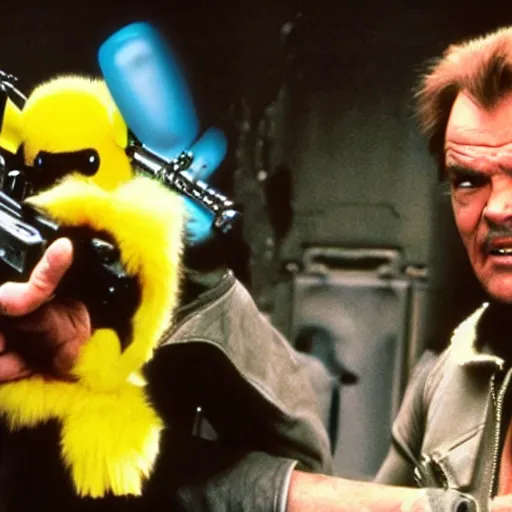 Image similar to Jack Nicholson plays Terminato and he shoots Pikachu, yellow fur explodes