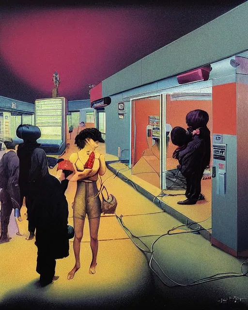 Prompt: square people conversing with dark dogs at a gas station with large oxygen tank in the style of Francis Bacon and Syd Mead and Norman Rockwell and Beksinski, open ceiling, highly detailed, painted by Francis Bacon and Edward Hopper, painted by James Gilleard, surrealism, airbrush, very coherent, triadic color scheme, art by Takato Yamamoto and James Jean