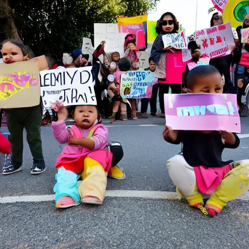 Image similar to babies protesting in front of a daycare center