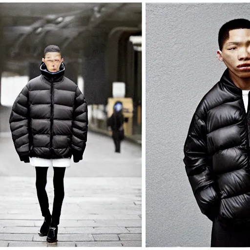 Image similar to realistic photoshooting for a new balenciaga lookbook, color film photography, portrait of a blonde asian woman, model wearing a puffer jacket, photo in style of tyler mitchell, 3 5 mm,