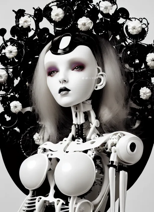 Image similar to black and white dreamy profile face portrait, biomechanical beautiful angelic young female cyborg - robot - doll with long hair made of flowers, body ribs, volumetric light, hibiscus flowers, rim light, big gothic fashion pearl embroidered collar, 1 9 3 0, 8 k